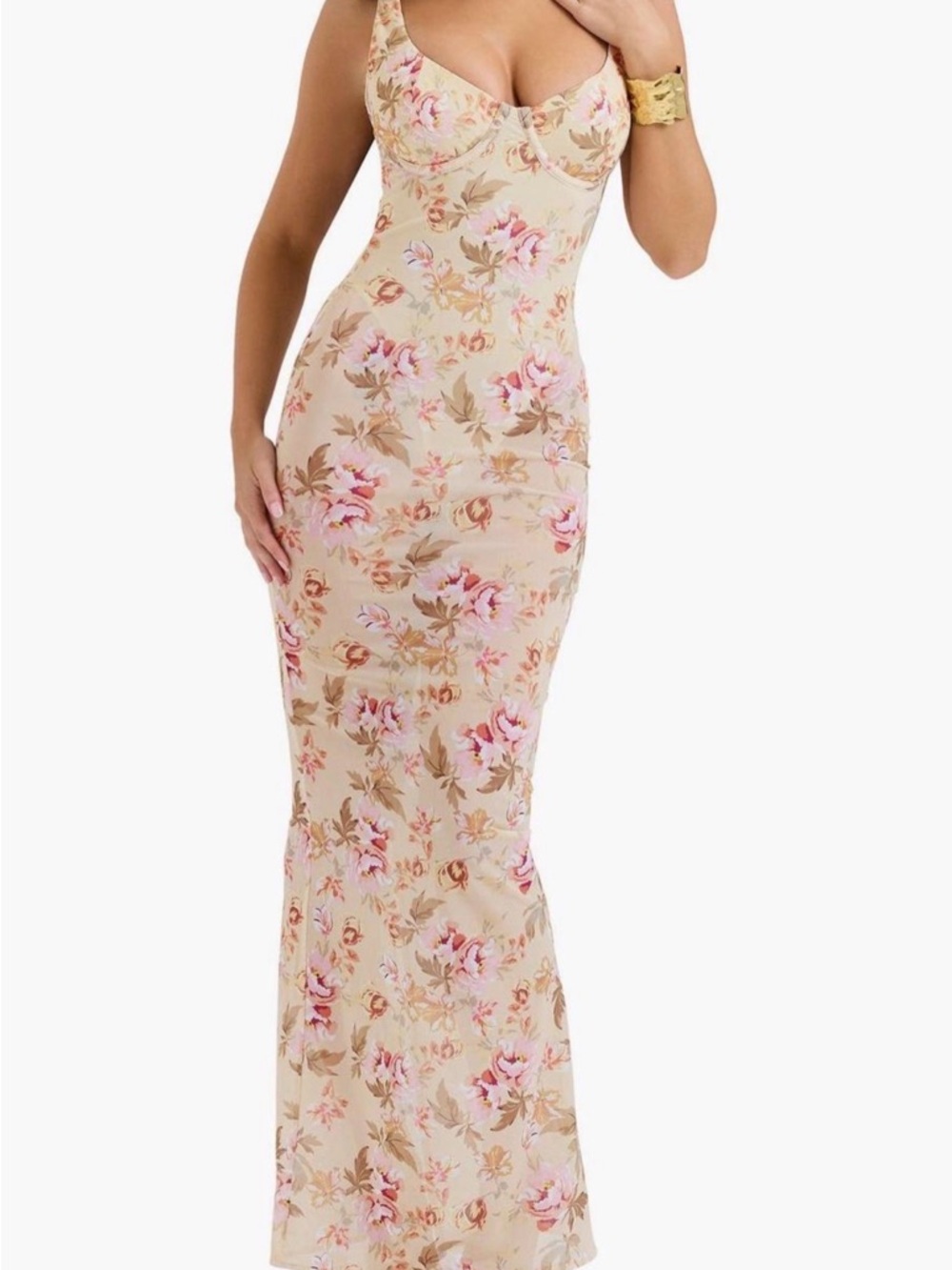 House of CB Beige Floral Maxi Dress with Pink Blooms